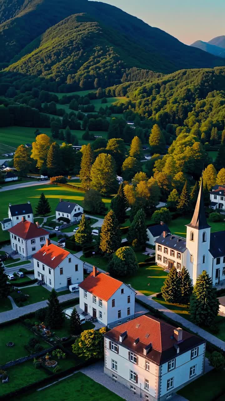 Aerial view of a serene village with colorful houses and distant mountains, resembling a still