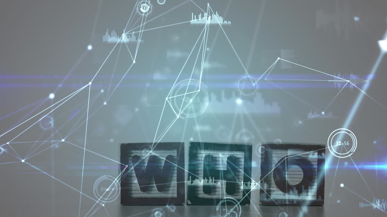 연결된 점, 그래프 아이콘 및 렌즈 플레어의 애니메이션 누가 나무 큐브에 텍스트