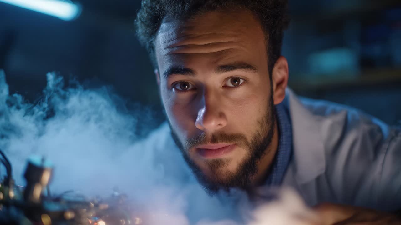 An Intense Focus on Innovation: A Young Scientist Engaged in Experimentation Surrounded by Billowing Smoke and Intricate Equipment, Capturing the Essence of Exploration and Discovery