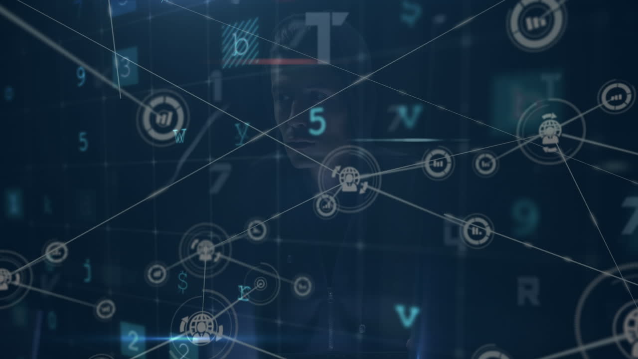 Animation of digital interface and network of connections over hacker