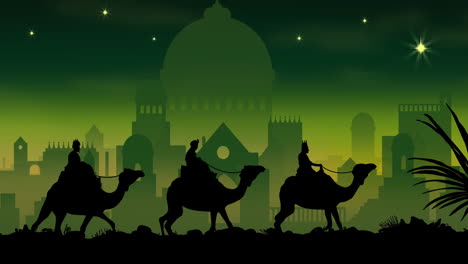 animación de la silueta de tres hombres sabios en camellos sobre el paisaje urbano sobre fondo verde