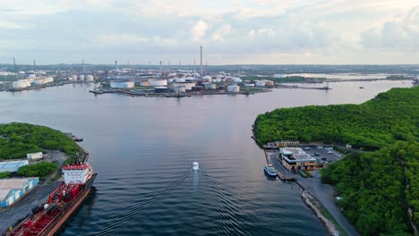 Refinery-in-curacao-near-Willemstad,-aerial-view-from-river-inlet