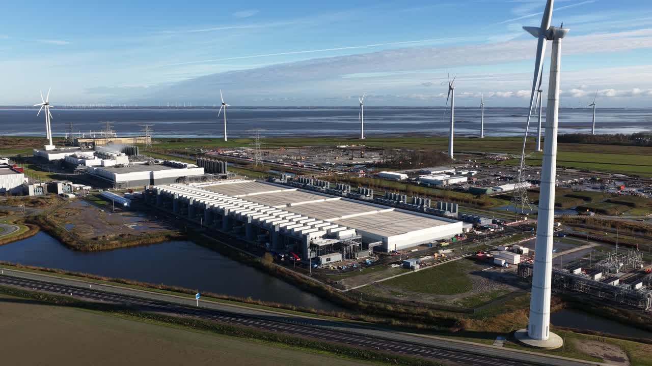Aerial drone video of a hyperscale data center in Eemshaven, The Netherlands, highlighting internet services, big-data processing power, and large-scale digital infrastructure