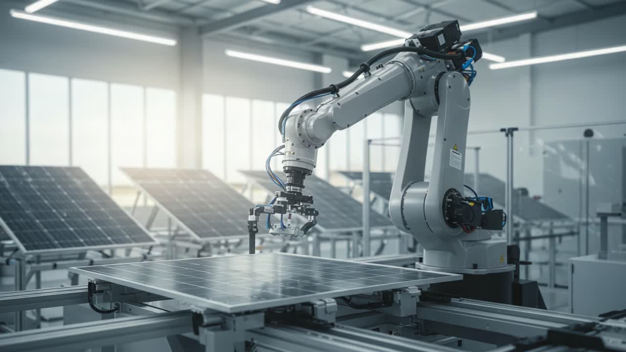 Automated Robotic Arm Operating in a Solar Panel Manufacturing Facility, Showcasing Advanced Technology in Renewable Energy Production and Sustainable Practices