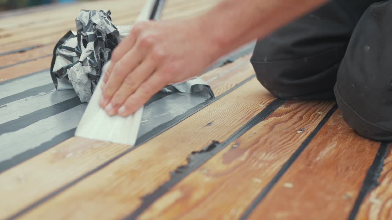 Man removes masking tape from sealed timber roof planking of wooden boat and balls it up