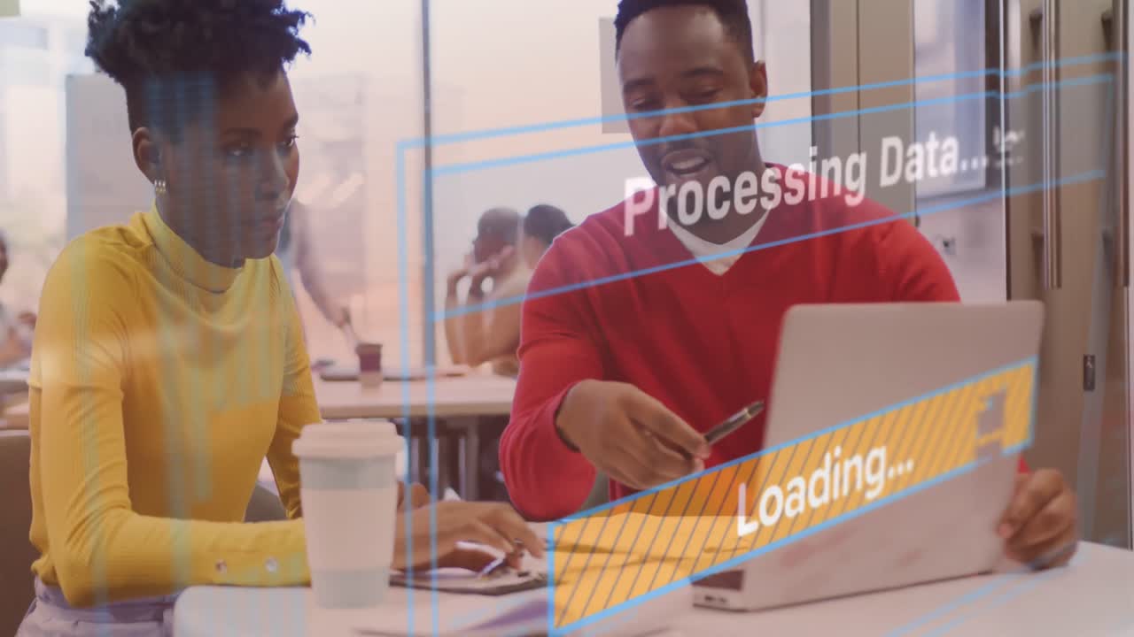 Animation of data processing text over diverse business people working in office