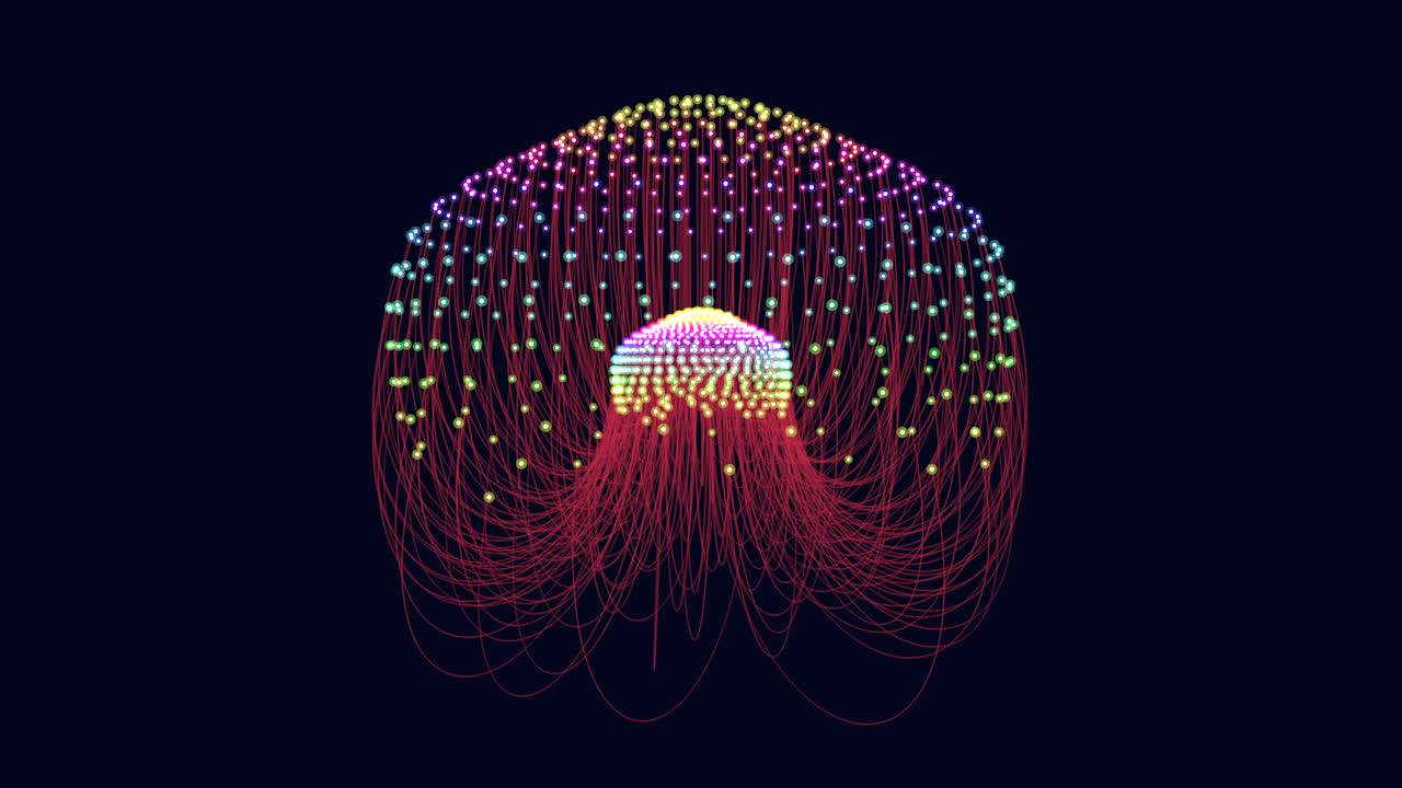 futuristisk rörelse varelse med regnbågspunkter och röda linjer i mörkt utrymme