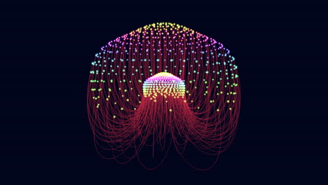 criatura futurista en movimiento con puntos de arco iris y líneas rojas en el espacio oscuro