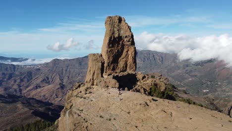 Flight-over-of-Roque-Nublo,-a-volcanic-rock-in-caldera-of-Tejeda,-Gran-Canaria,-Canary-islands,-Spain