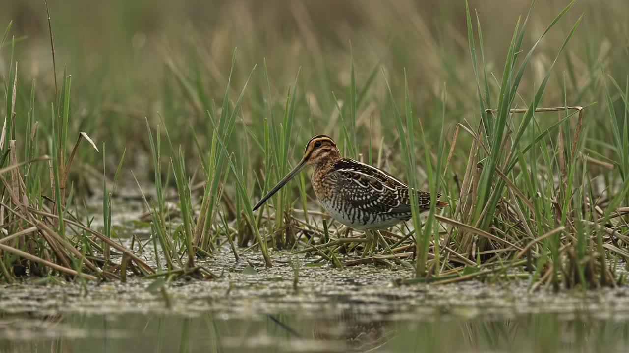 A Serene Observation: A Bird foraging Among Marsh Grass in Wetland Environments Captured in Two Distinct Frames