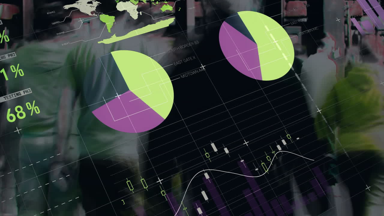 Animating pie charts and graphs over blurred crowd in urban environment