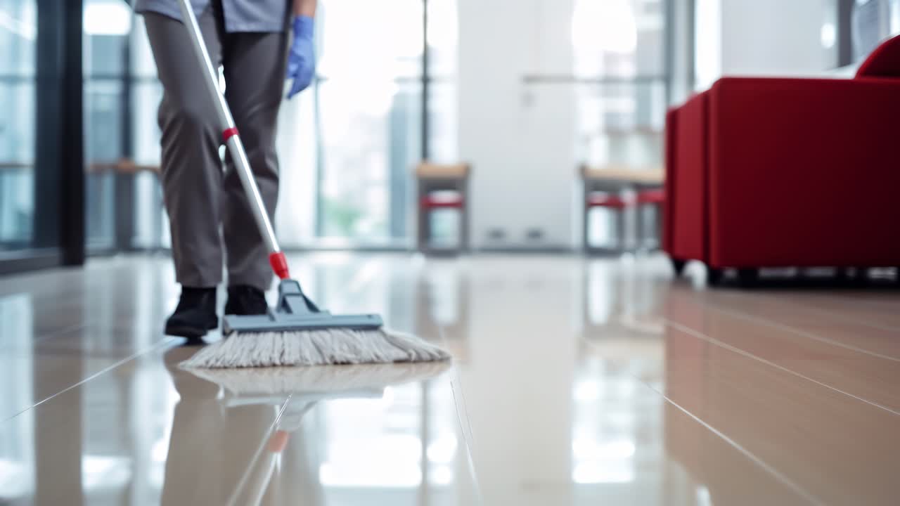 Low-angle shot of a person mopping a shiny floor in a modern living room, capturing sunlight