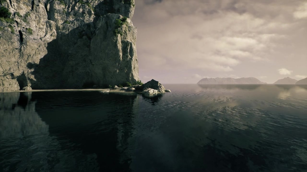 Peaceful inlet with gleaming water and towering cliffs creates serenity