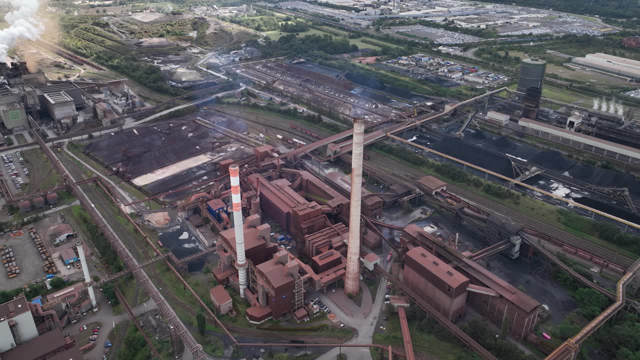 Blast furnace installation in Dillingen Saar, Germany, Production of metals. Aerial drone video