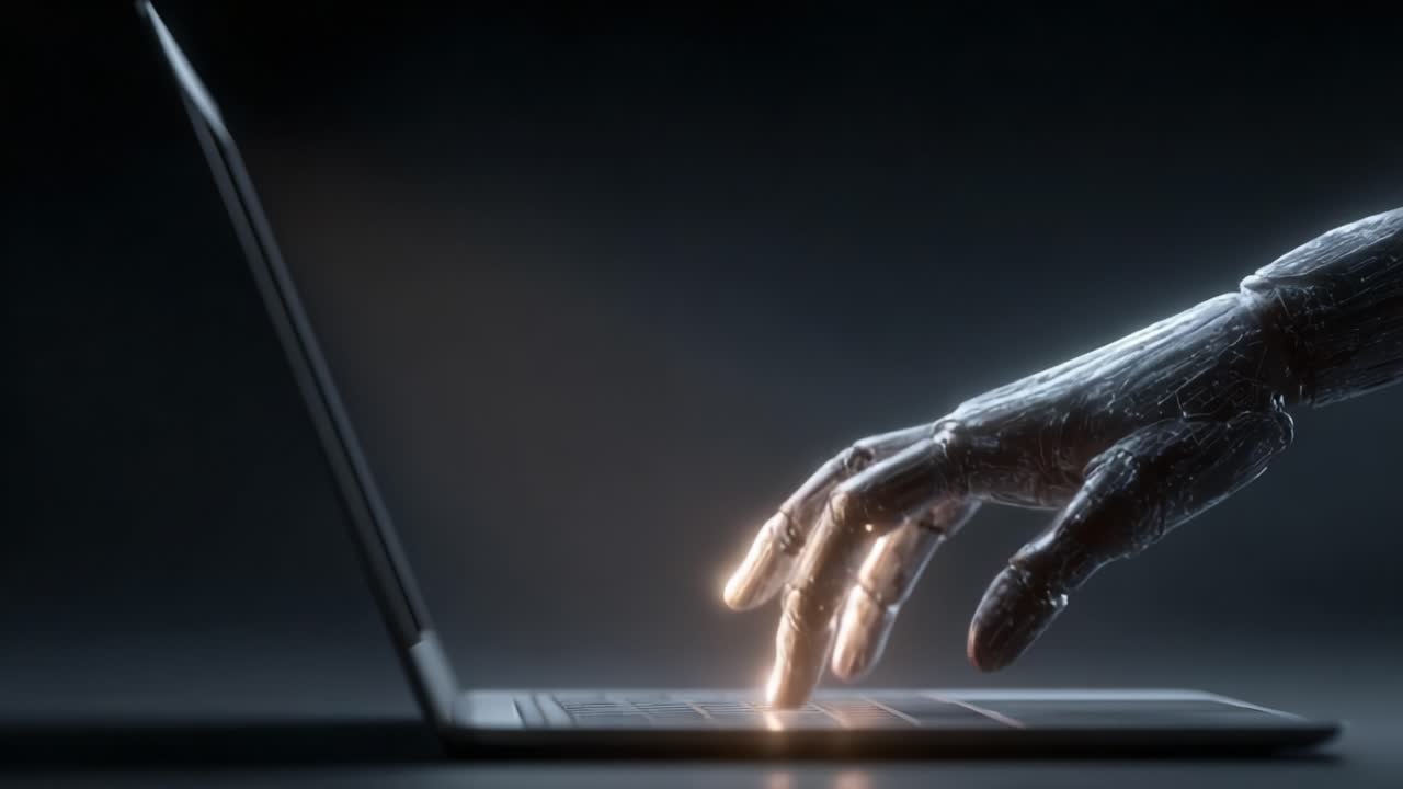 A Robotic Hand Interacting with a Laptop, Showcasing the Fusion of Technology and Human-like Precision in Digital Environments