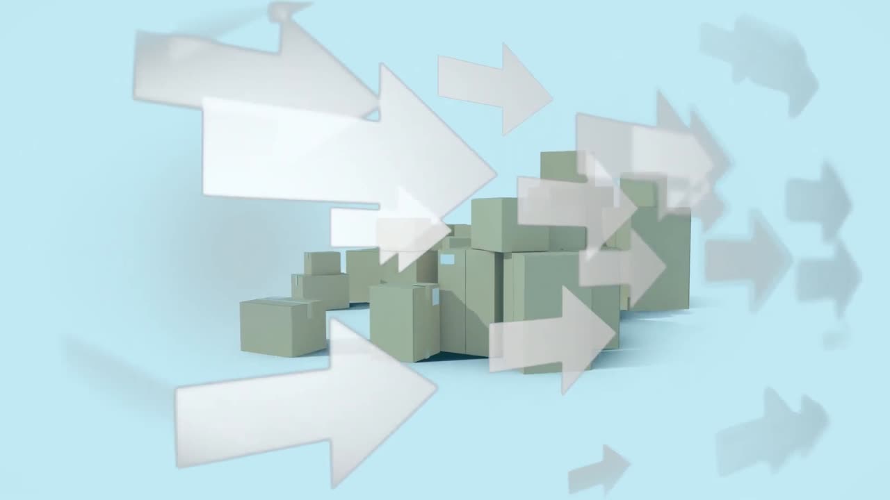 파란색 배경에 카드보드 상자 위로 움직이는  ⁇  화살표의 애니메이션