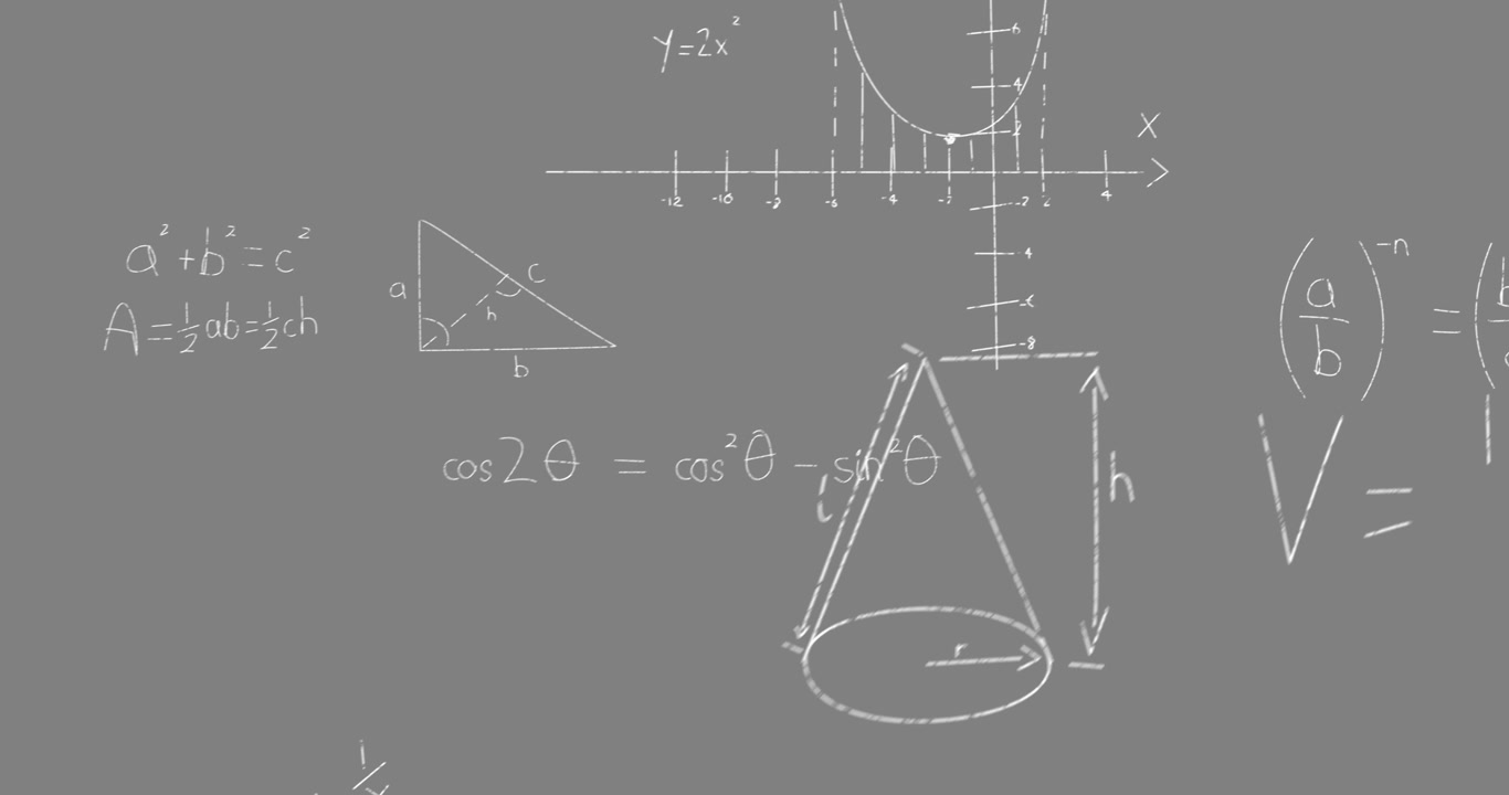 Digital animation of mathematical equations and formulas floating against grey background