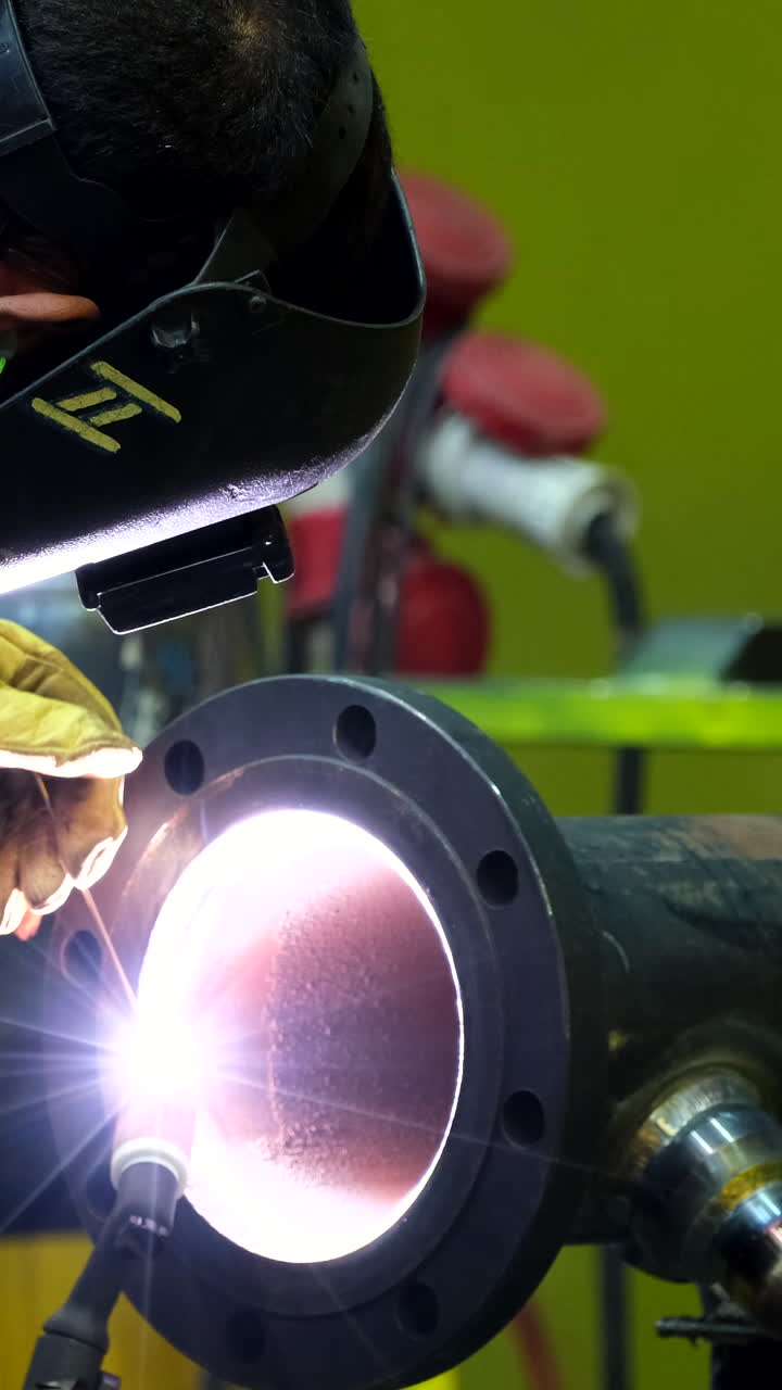 Bright light from technician welding steel together in factory workshop