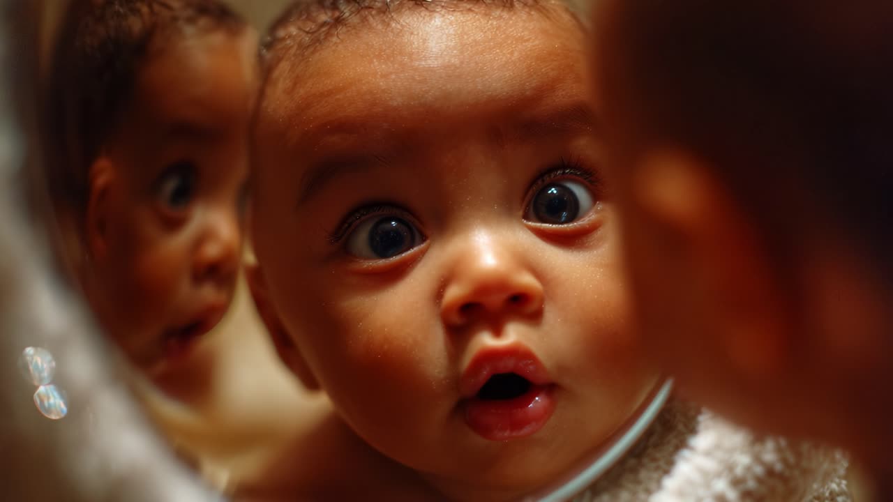 A Curious Baby Gazes into a Mirror, Capturing the Wonder and Fascination of Early Life with Wide Eyes and an Expression Filled with Innocent Surprise and Joy
