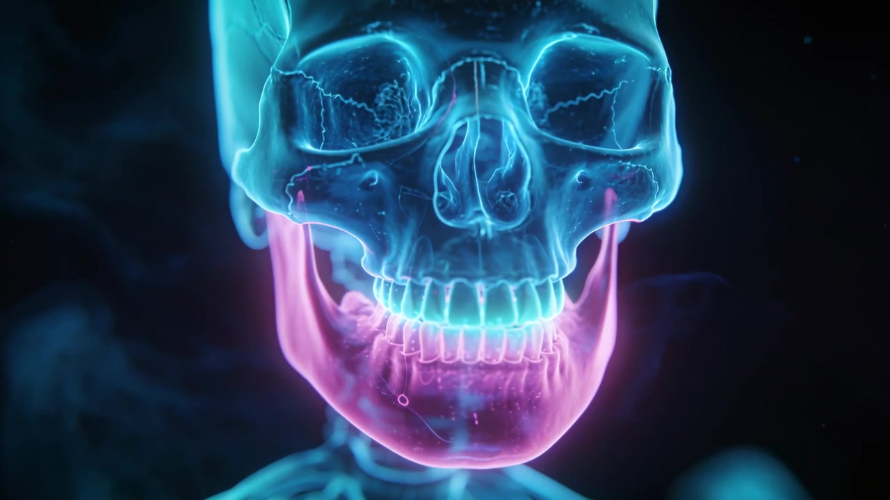 Animazione di un teschio 3D che ruota da destra a frontale in studio, mostrando una mandibola magenta che rivela l'anatomia.
