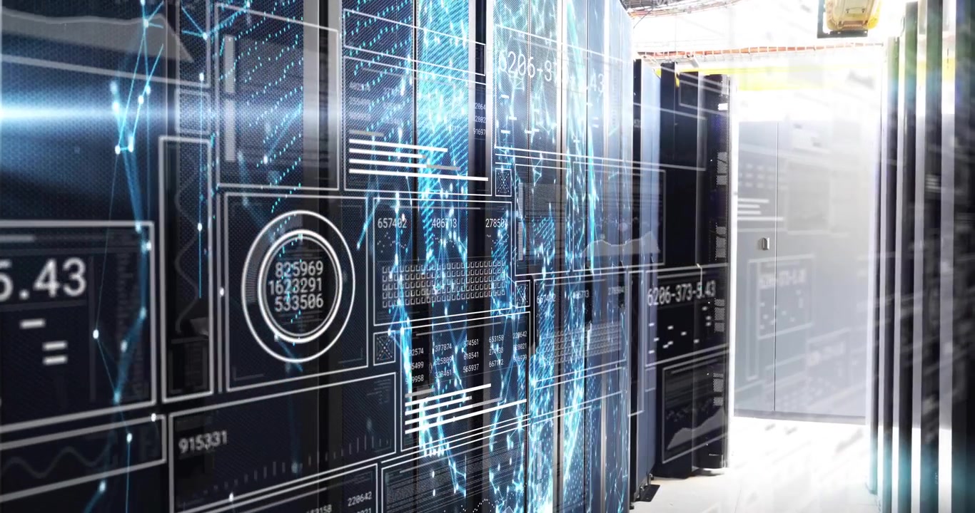 Interface on server racks fading, globe emerging, panels sliding, showing data flow