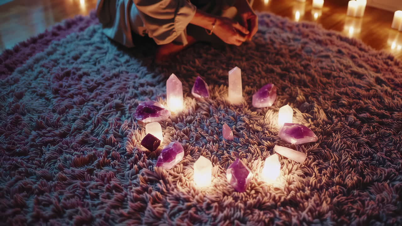 Woman performing a spiritual ceremony with crystals and candles
