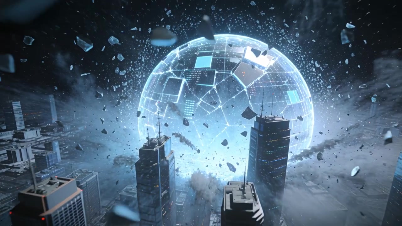 Pulsing glow causing luminous segmented sphere fracturing over downtown, shedding panels and dust
