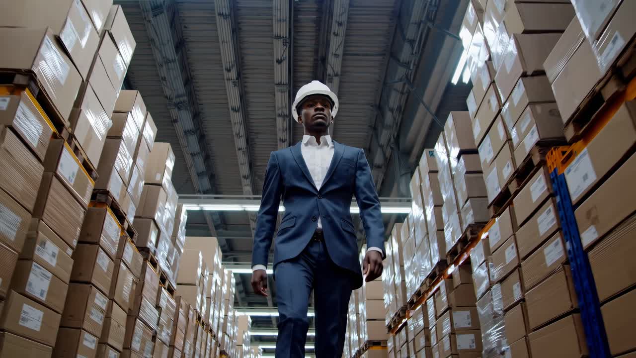 Low-angle video shot of a confident businessman in a suit and hard hat walking through a warehouse