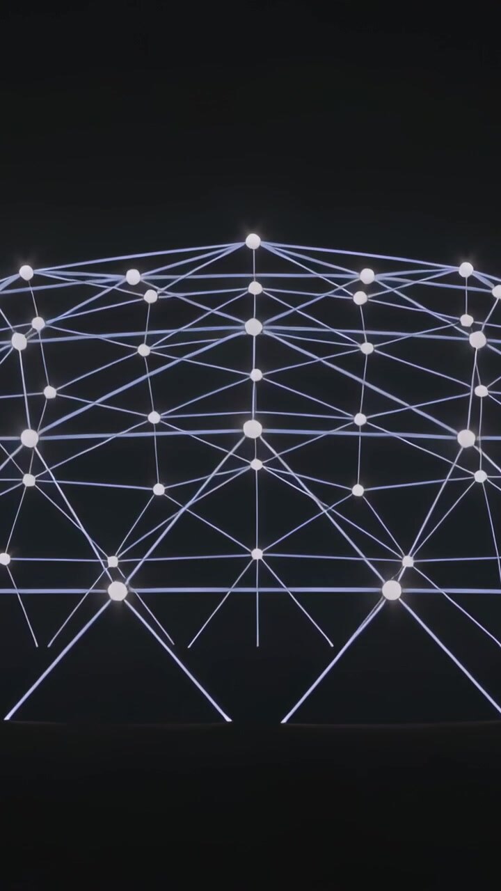 Video verticale: Griglia a cupola che si forma e si innalza con cornici che avanzano nel vuoto oscuro, con nodi e linee illuminati.