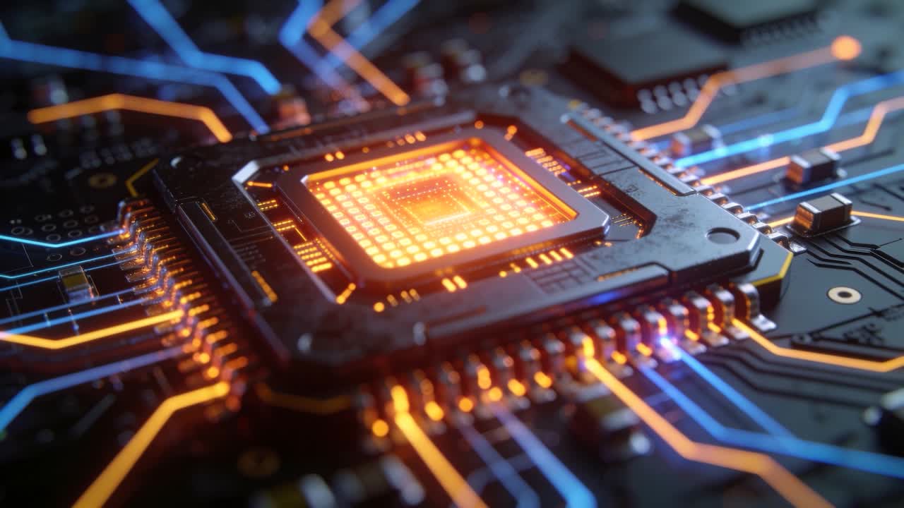 Modtager strømsignal, central chip lyser op i laboratoriebelysning, printpladens spor og stifter indikerer data.