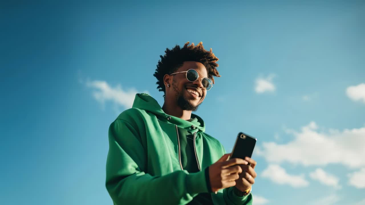 Low-angle shot of a stylish person in sunglasses and a green hoodie, smiling while recording a video