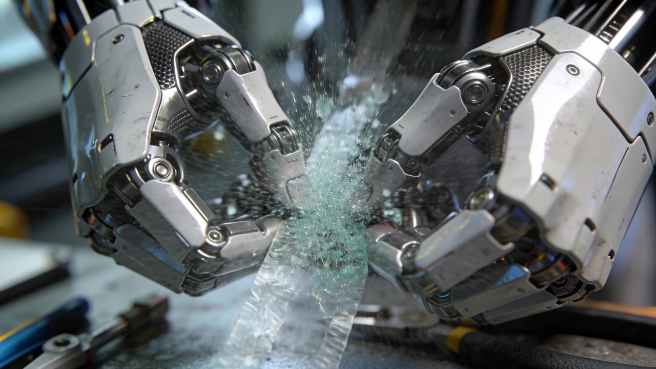 Artikulerede robothænder klemmer og bøjer en smal glasstrimmel på en bænk, spreder turkise skår.