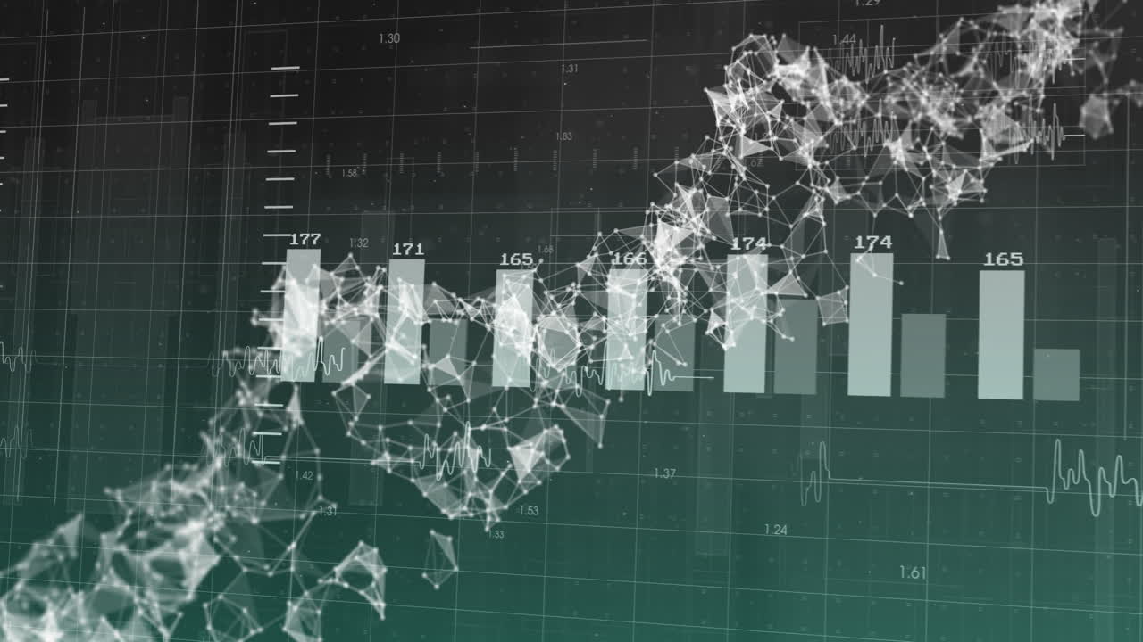 animación de cadena de adn y gráfico de barras sobre el fondo de datos financieros