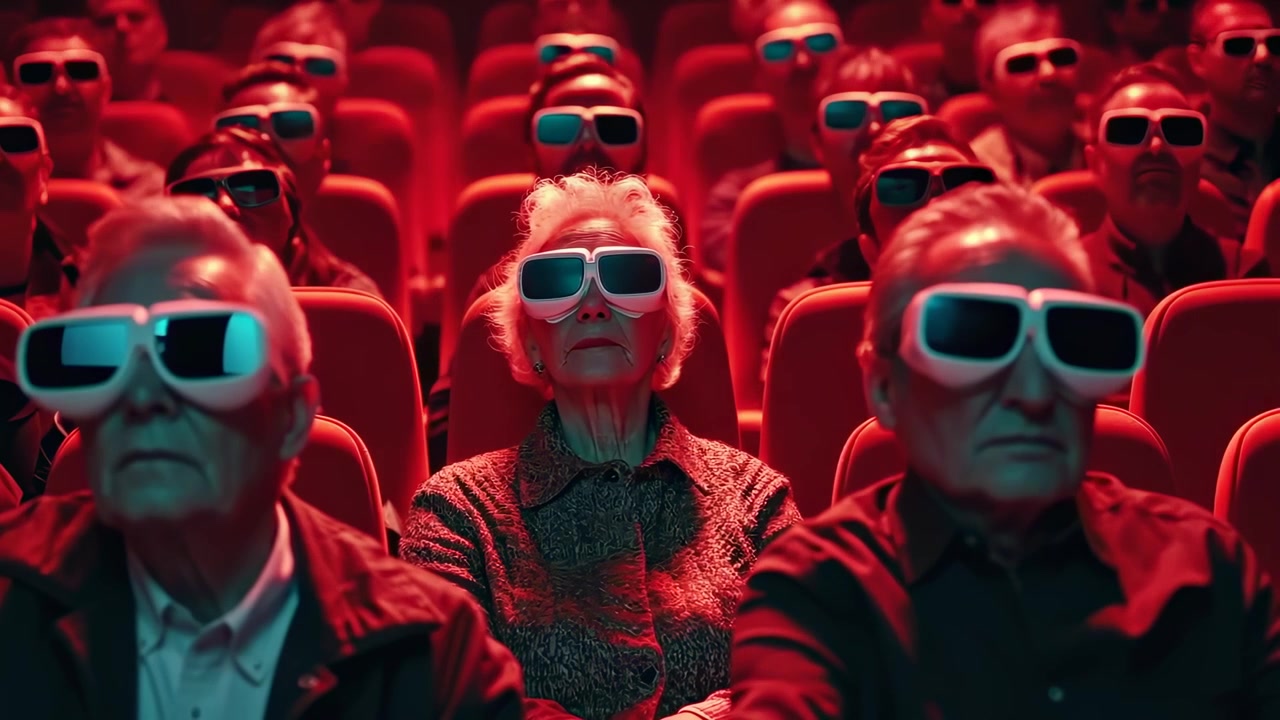 Group of Senior People Watching a 3D Movie in a Cinema