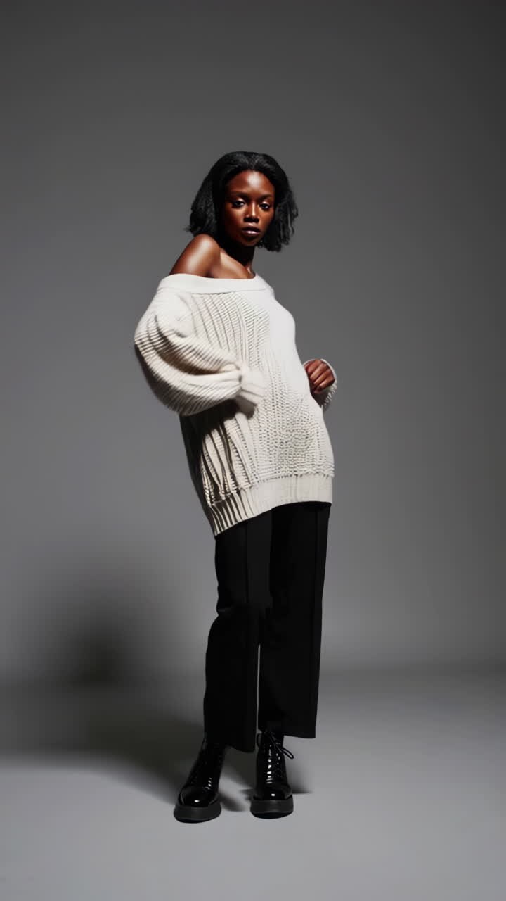 Stilfuld modemodel i off-shoulder striktrøje og sorte bukser