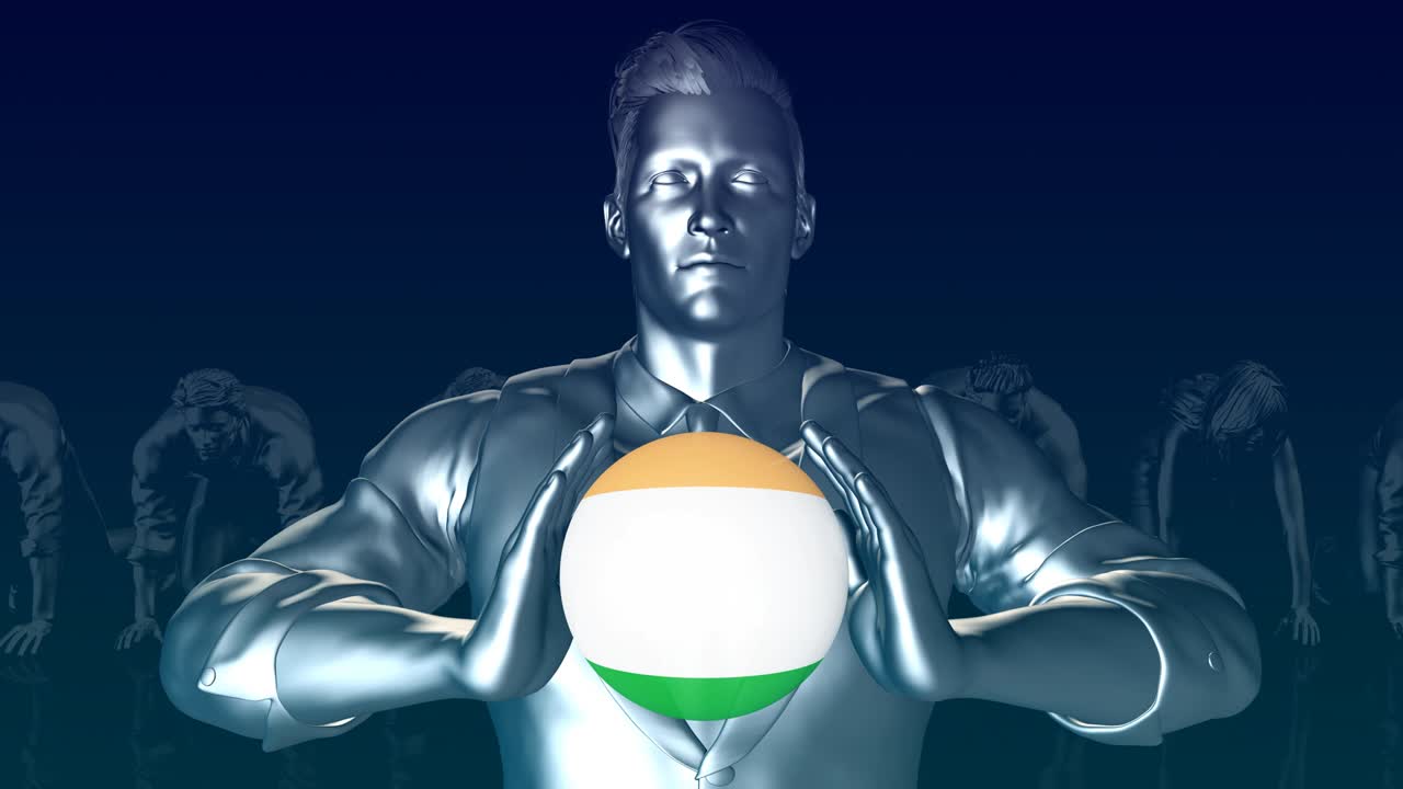 Mann holder Indias flagg som global sfære