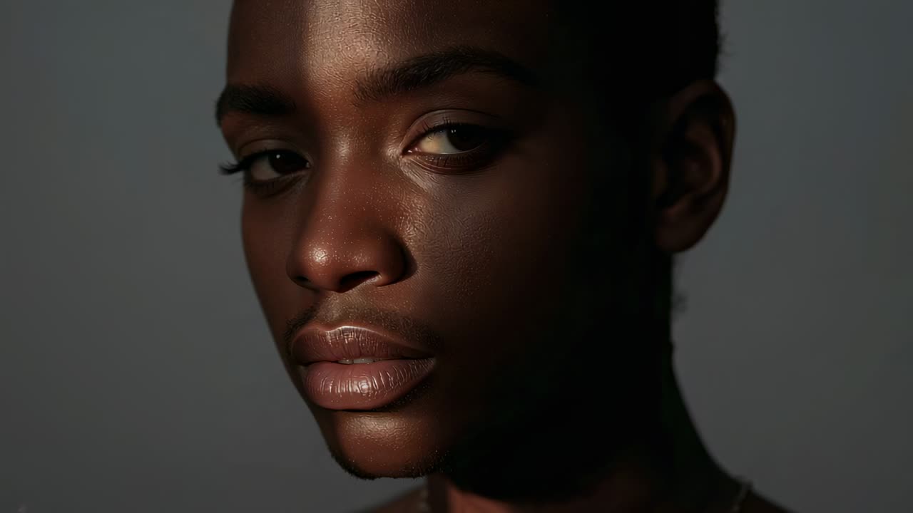 Moving light band urging model tilting, softening gaze on set showing face, bare shoulder and chain