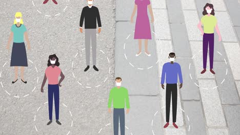 Soziale-Distanzierung-Und-Menschen-Mit-Masken-über-Dem-Coronavirus-Auf-Dem-Bürgersteig.