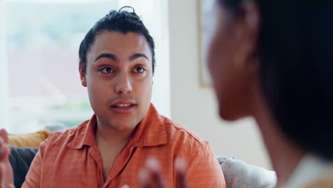 face of angry man, woman and fight in home