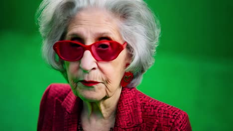 mujer de edad avanzada elegante con chaqueta roja y gafas de sol