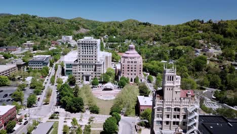 aerial pull out asheville city hall, bunbombe county courthouse in asheville north carolina, asheville nc