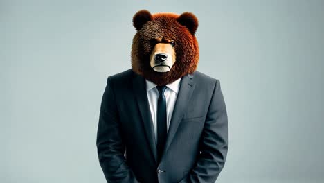 bear dressed in a suit stands confidently against a grey background. this striking image captures the essence of a powerful and serious businessman in a unique, whimsical portrayal