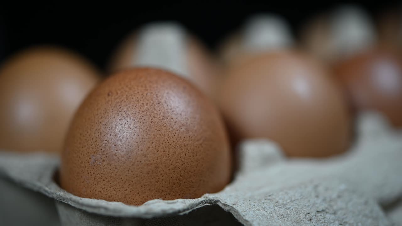 Eggs in a tray zoomed out revealing more eggs and a dark background