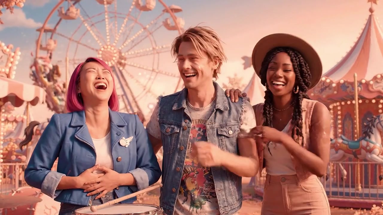 Joyful Friends Enjoying a Fun Day at the Amusement Park with Vibrant Colors and Whimsical Rides Under a Beautiful Sky in an Exuberant Atmosphere