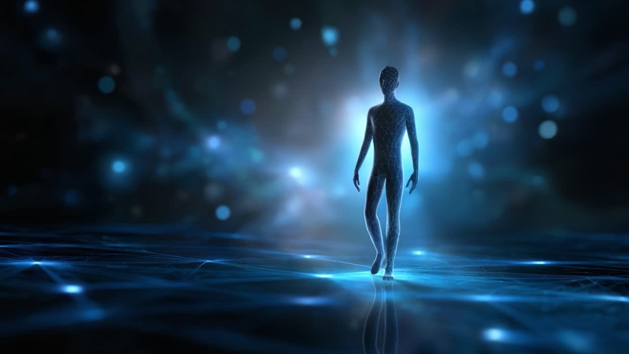 Una silhouette di un essere digitale in uno sfondo etereo, che incarna la fusione di tecnologia e umanità con un bagliore misterioso ed energia dinamica