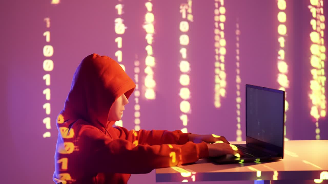 Person in red hoodie types on laptop under glowing binary code. Mysterious and cinematic scene reflects digital crime, hacking, and the hidden world of cybersecurity threats