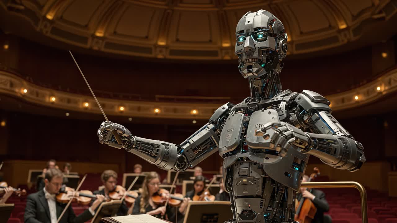 A Robotic Conductor Leads an Orchestra in a Captivating Musical Performance, Blending Technology with the Art of Music in a Grand Concert Hall Atmosphere