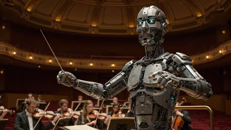 a robotic conductor leads an orchestra in a captivating musical performance, blending technology with the art of music in a grand concert hall atmosphere