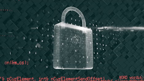 animación digital del icono de candado de seguridad y procesamiento de datos contra un fondo negro texturizado