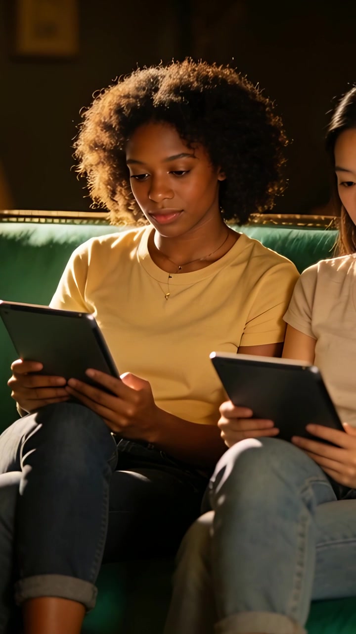 Vertical video: Browsing teen girl in yellow top, jeans scrolling tablets on green sofa beside peer